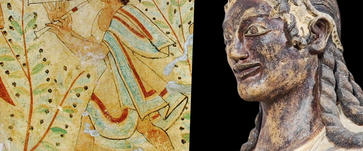 Fragment etruskiego malowidła z V w. p.n.e. i etruska rzeźba Apolla (ok. 500 p.n.e.).
