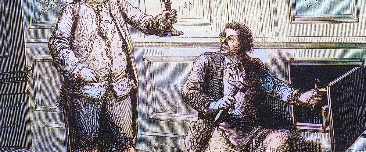 Ludwik XVI i ślusarz Gamain przed monarszą skrytką. Grafika XIX-wieczna.