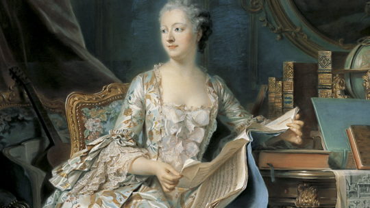 Madame de Pompadour w swoim gabinecie. Na biurku tom Encyklopedii