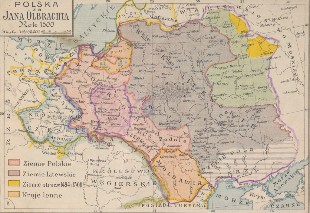 Mapa Polski i Litwy na początku XVI wieku. Oznaczono na niej również Dzikie Pola (Józef Michał Bazewicz/domena publiczna).
