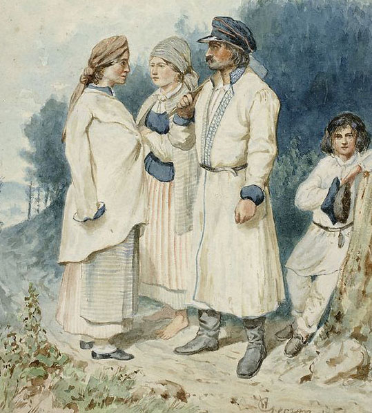 Polscy chłopi z okolic Sandomierza. Grafika XIX-wieczna.