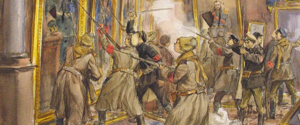 Rewolucjoniści w Pałacu Zimowym. Grafika z 1917 roku.