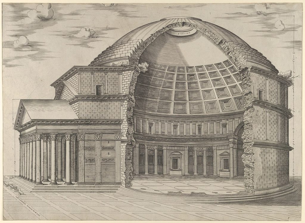 Rysunek z XVI wieku przedstawiający rekonstrukcję Partenonu (domena publiczna).
