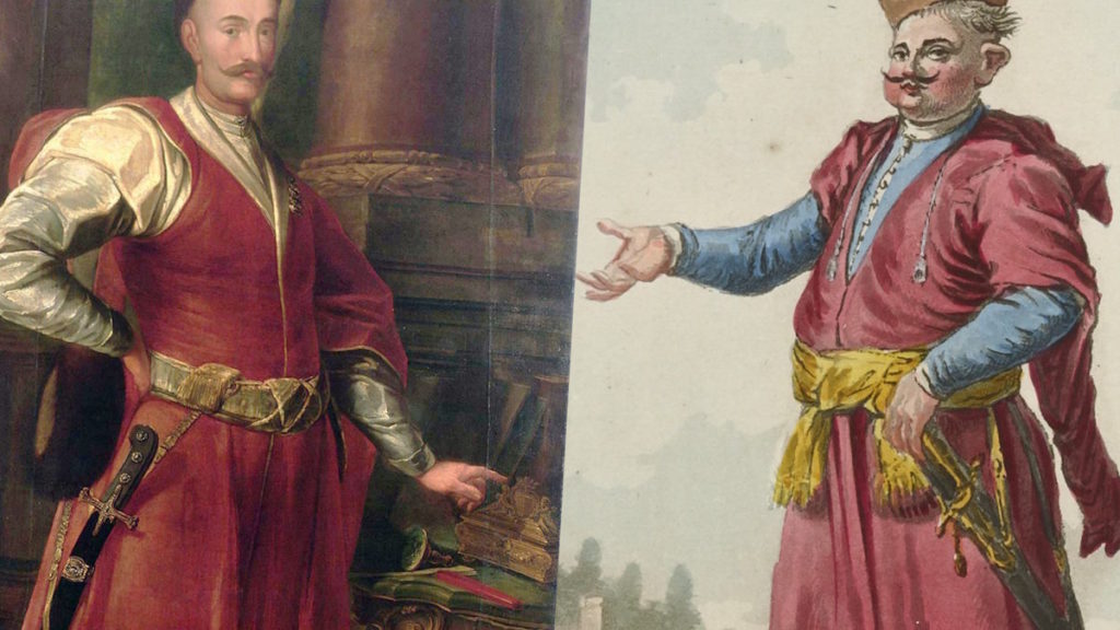 XVIII-wieczne kontusze szlacheckie. Widoczne także pozostałe elementy stroju polskiego