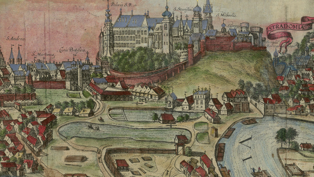 Zamek na Wawelu na panoramie Krakowa z początku XVII wieku.