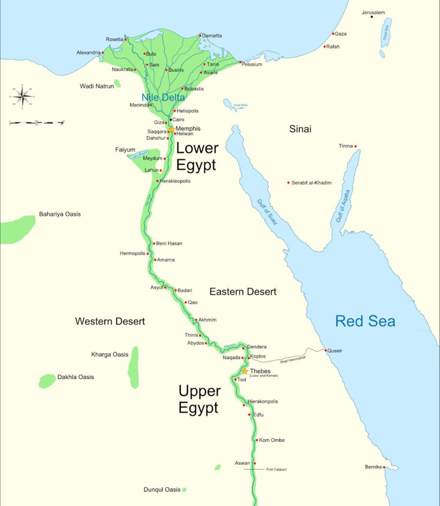 Bieg Nilu i obszary osadnictwa w starożytnym Egipcie. 