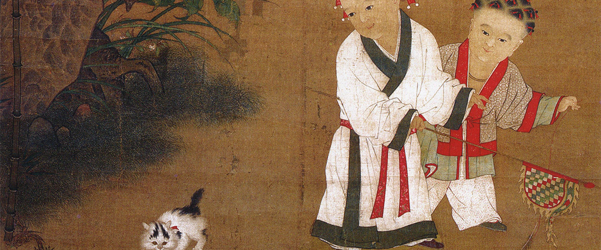 Chińskie dzieci podczas zabawy z kotem. Wyobrażenie z XII wieku.