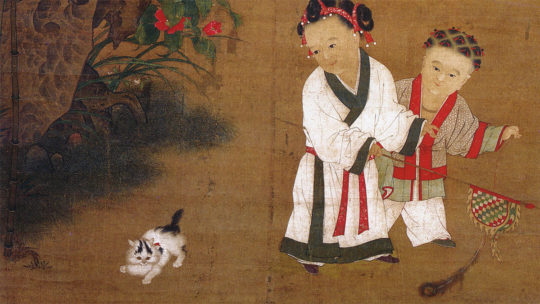 Chińskie dzieci podczas zabawy z kotem. Wyobrażenie z XII wieku.