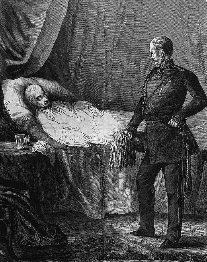 Książę regent Wilhelm Hohenzollern przy łożu śmierci von Humboldta (domena publiczna).