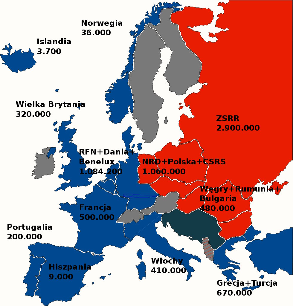 Liczebność wojsk państw członkowskich NATO i Układu Warszawskiego w 1973 (domena publiczna).