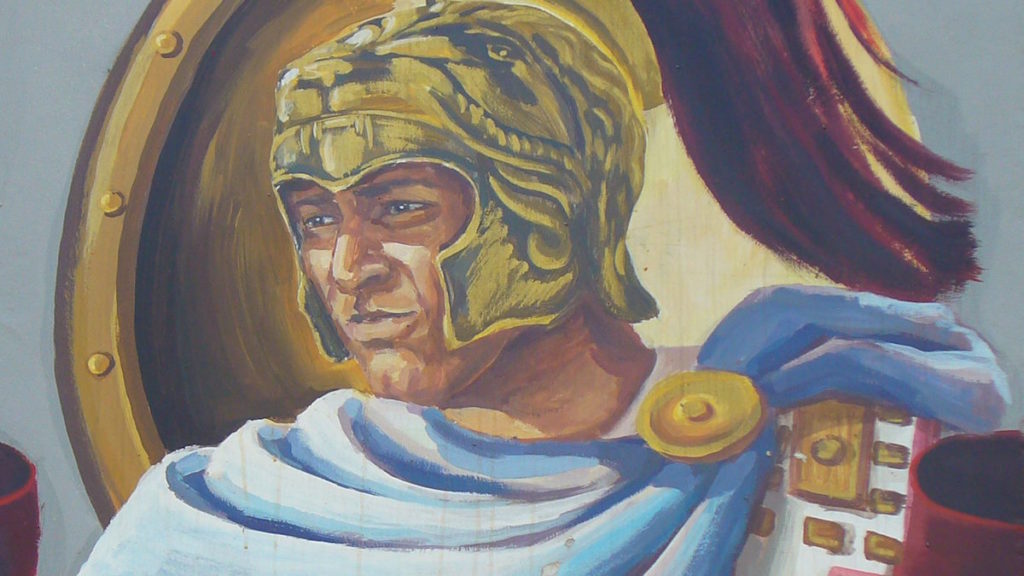 Współczesny mural w Akce z wyobrażeniem Aleksandra Wielkiego