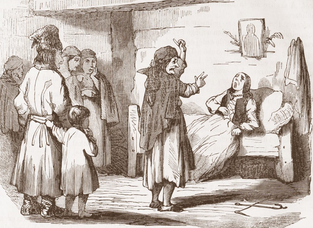 Znachorka "zażegnująca" chorą chłopkę. Ilustracja z drugiej połowy XIX wieku (domena publiczna).