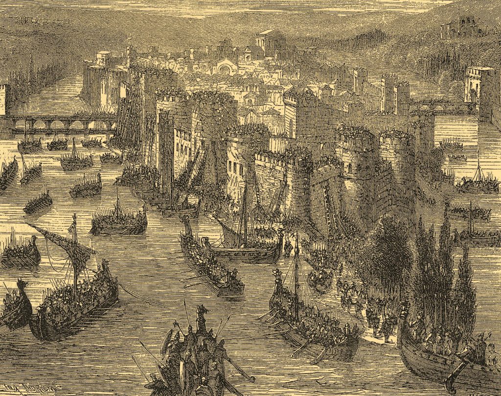 Oblężenie Paryża przez wikingów w 885 roku w wyobrażeniu XIX-wiecznego artysty (domena publiczna).