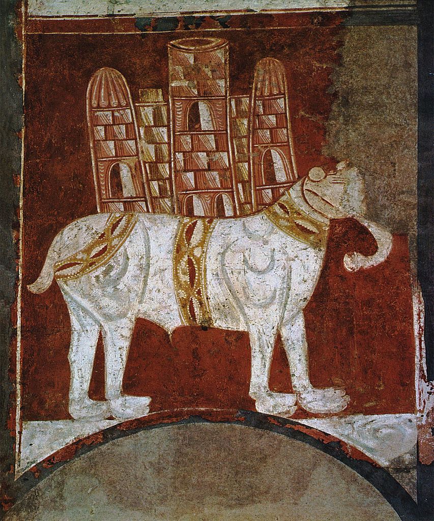 Pochodzące z XII wieku wyobrażenie słonia bojowego (domena publiczna).