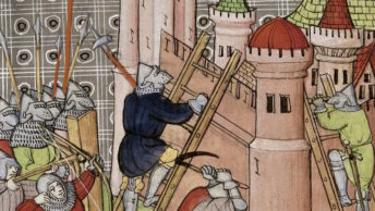 Rycerze oblegający twierdzę. Miniatura z późnego średniowiecza.
