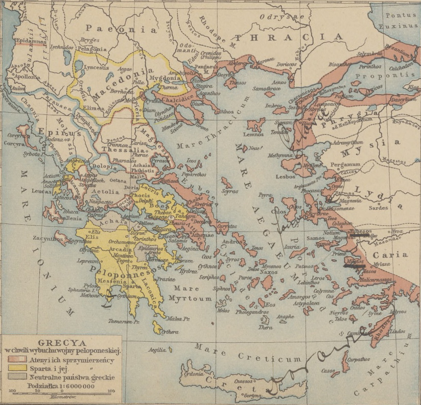 Starożytna Grecja w chwili wybuchu wojny peloponeskiej (F. W. Putzger/domena publiczna).
