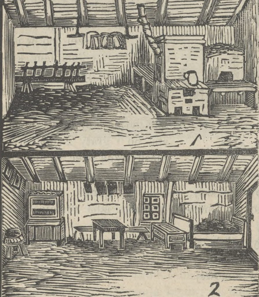 Wnętrze chłopskiej izby na rysunku z książki Kolberga (domena publiczna).