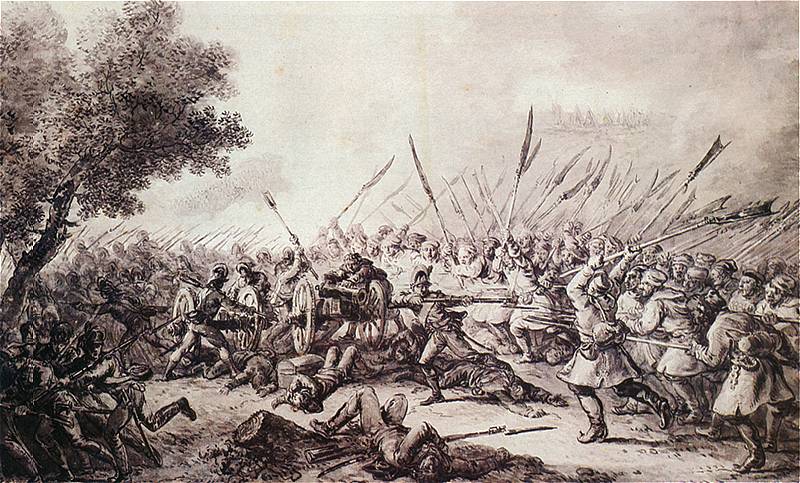 Bitwa pod Racławicami w wyobrażeniu Aleksandra Orłowskiego (domena publiczna).