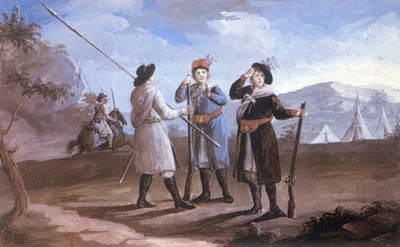 Chłopska milicja pospolitego ruszenia z 1794 roku. Rysunek Michała Stachowicza (domena publiczna).
