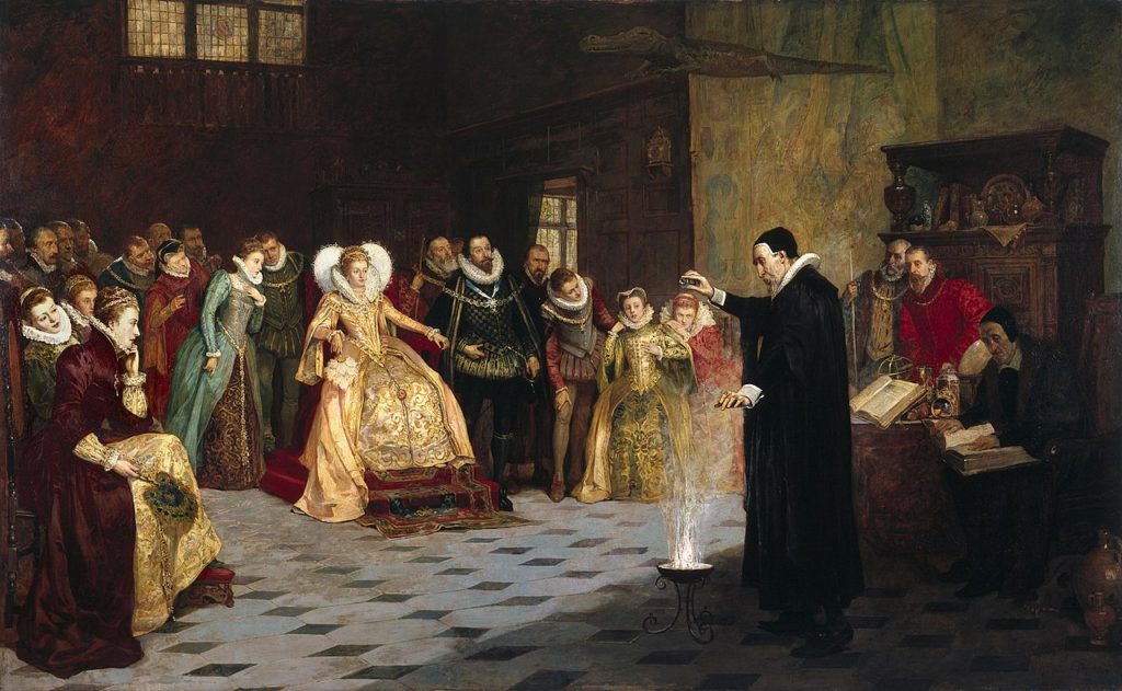 John Dee przeprawadzający eksperyment przed obliczem królowej Elżbiety I (Henry Gillard Glindoni).
