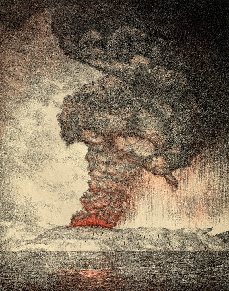 Litografia z 1888 roku przedstawiająca erupcję Krakatau z 1883 roku (domena publiczna).