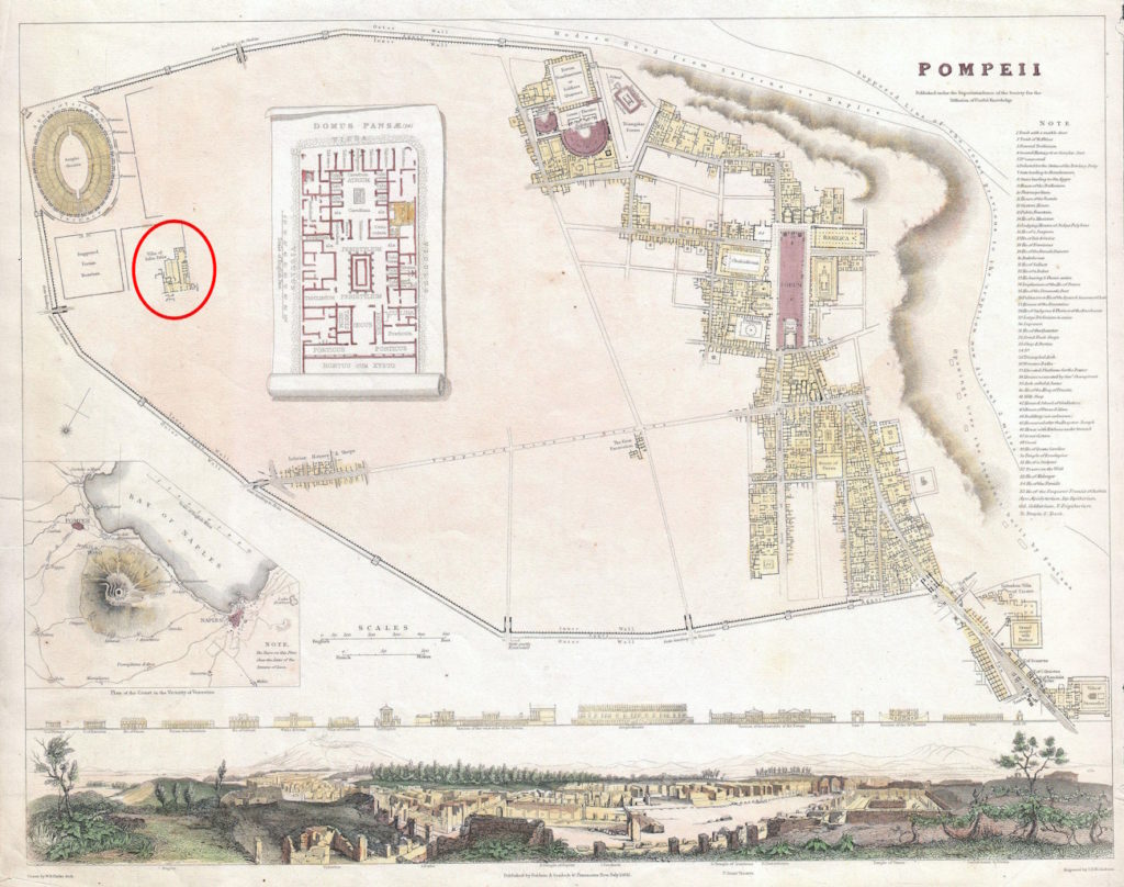 Plan Pompejów sporządzony z pierwszej połowie XIX wieku. Dom Julii Felix zaznaczony czerwonym kółkiem (William Barnard Clarke/domena publiczna),