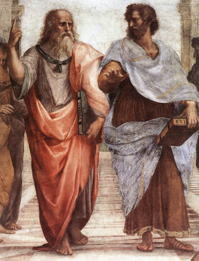Platon i Arystoteles. Fragment fresku Szkoła ateńska Rafaela Santi (domena publiczna).