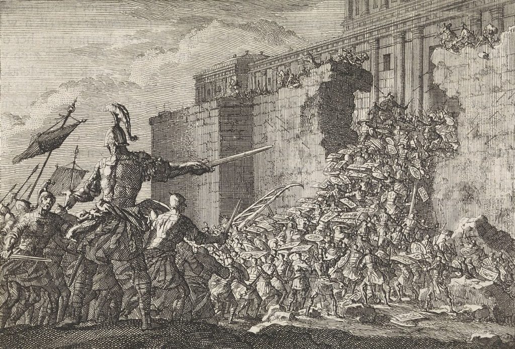 Wojska Pompejusza szturmujące Świątynię. Wyobrażenie z początku XVIII wieku (domena publiczna).