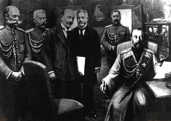 Abdykacja Mikołaja II. 2 (15) marca 1917 roku (domena publiczna).
