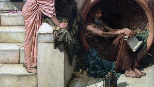 Diogenes w swojej beczce. Obraz XIX-wieczny.