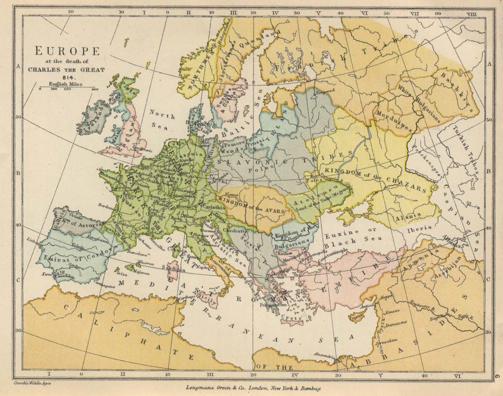 Europa w 814 roku. Na zielono zaznaczone państwo Karola Wielkiego (domena publiczna).