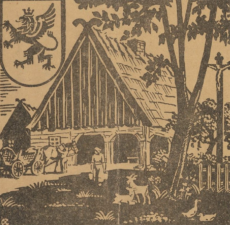 Kaszubska chata chłopska. Grafika z lat 30. XX wieku.