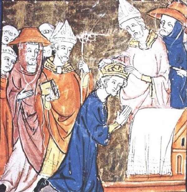 Koronacja Karola WIelkiego w wyobrażeniu ze średniowiecznej kroniki (domena publiczna).
