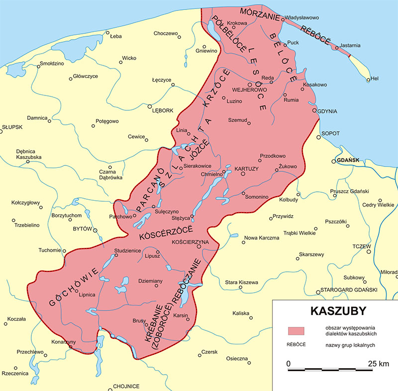 Obecny obszar występowania dialektów kaszubskich