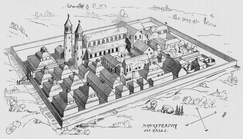 Rekonstrukcja tego jak wyglądało opactwo Sankt Gallen w IX wieku (Karl Lasius/domena publiczna).