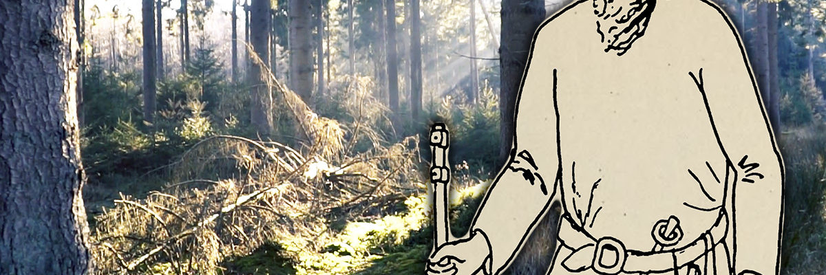 Słowiański mężczyzna z wczesnego średniowiecza na tle lasu.
