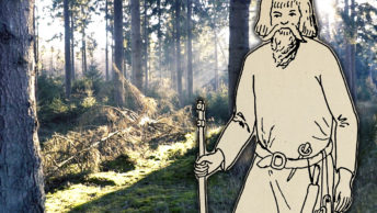Słowiański mężczyzna z wczesnego średniowiecza na tle lasu.