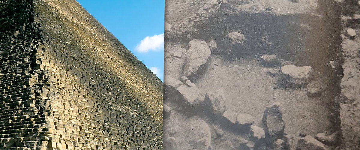 Z lewej - piramida Cheopsa w Gizie. Z prawej - kamienna obstawa kopca