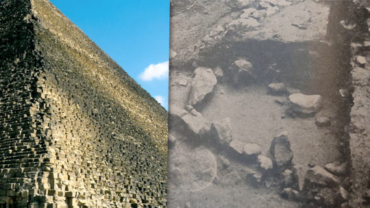 Z lewej - piramida Cheopsa w Gizie. Z prawej - kamienna obstawa kopca