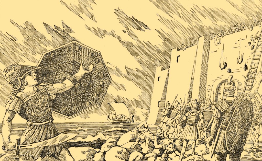 Artystyczne wyobrażenie Aleksandra Wielkiego pod murami Tyru (domena publiczna).