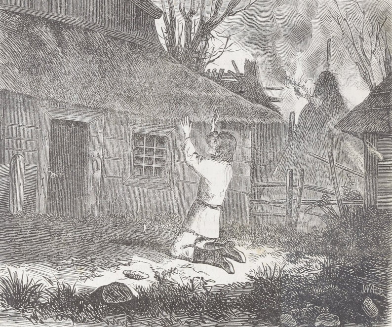 Chłop modlący się przed chatą w czasie pożaru wsi. Chłop modlący się przed chatą w czasie pożaru wsi. Rysunek z początku lat 60. XIX wieku (domena publiczna).