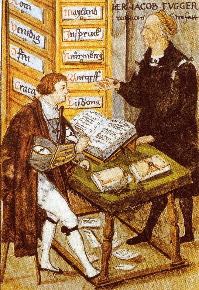 Jacob Fugger oraz Matthäus Schwarz na miniaturze XVI wieku (domena publiczna).