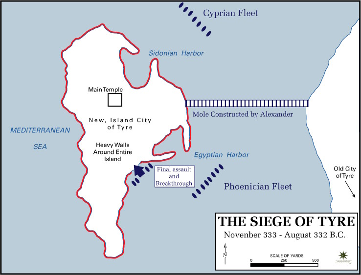Mapa przedstawiająca oblężenie Tyru autorstwa (Frank Martini/domena publiczna).