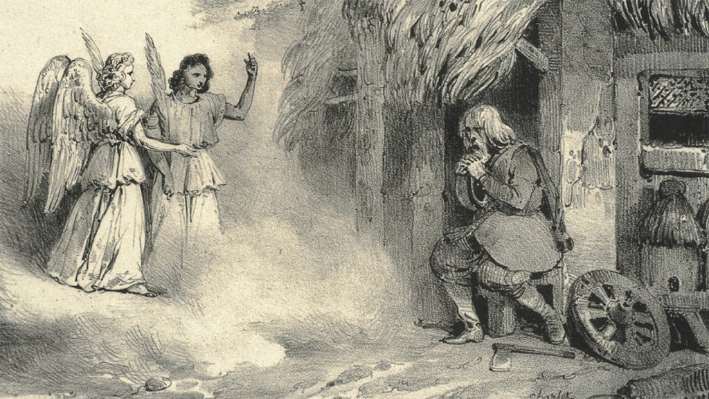 Nadprzyrodzeni wędrowcy przed chatą Piasta. Grafika XIX-wieczna.