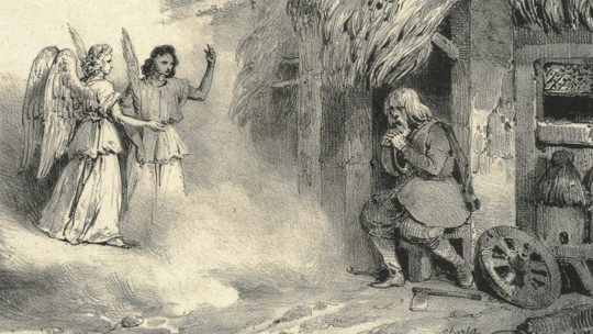 Nadprzyrodzeni wędrowcy przed chatą Piasta. Grafika XIX-wieczna.