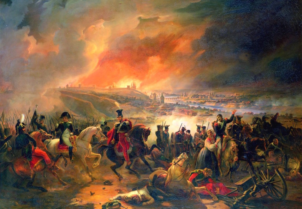Napoleon Bonaparte i książę Józef Poniatowski pod Smoleńskiem 17 sierpnia 1812 roku (Jean-Charles Langlois/domena publiczna).