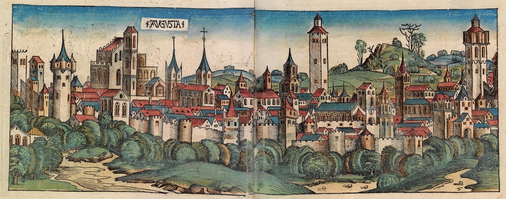 Panorama Augsburga z końca XV wieku (domena publiczna).
