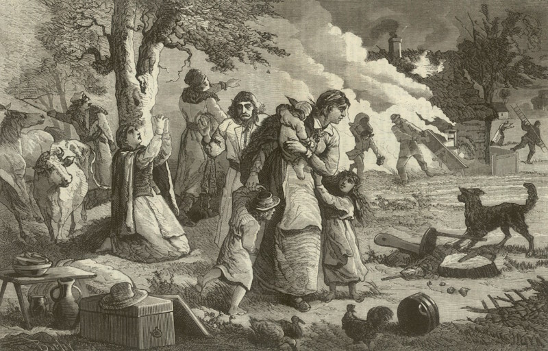 Pożar we wsi. Rysunek z drugiej połowy XIX wieku (B. Kamiński/domena publiczna).
