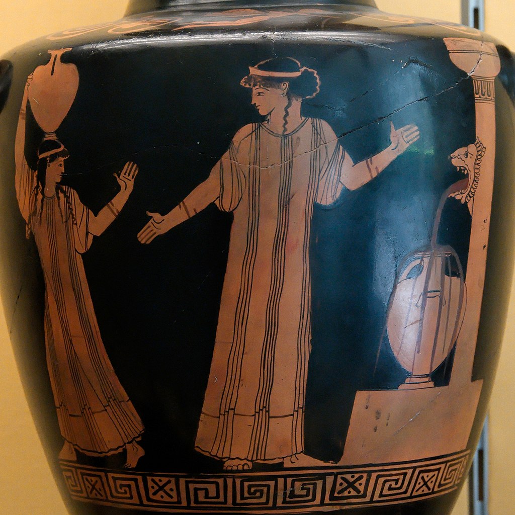 Starożytna grecka waza przedstawiająca dwie kobiety w prostych chitonach (Starożytna grecka waza przedstawiająca dwie kobiety w prostych chitonach (Marie-Lan Nguyen/CC BY 2.5).