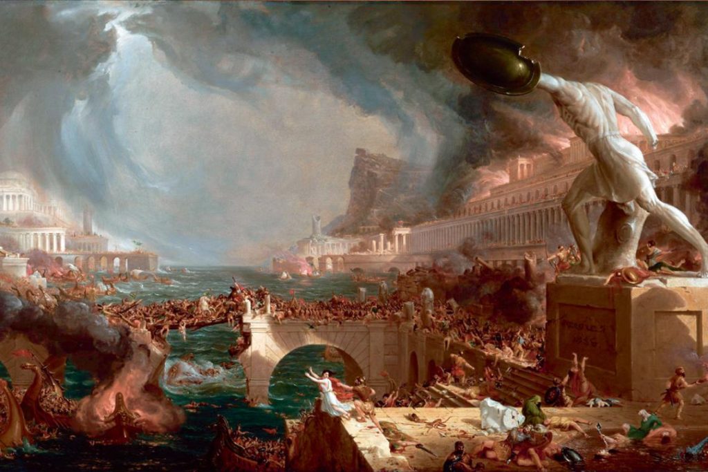 Alegoryczny obraz Thomasa Cole’a Dzieje imperium, Zniszczenie (domena publiczna),
